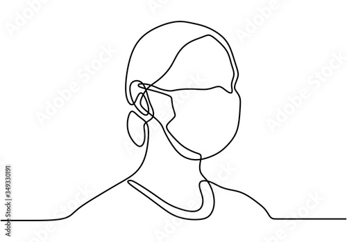 Woman wearing medical masks to prevent disease, flu, air pollution, contaminated air, world pollution one line drawing. Protection from coronavirus, COVID-19. Against COVID-19. Vector illustration.