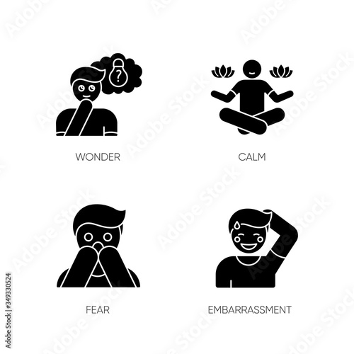 Mental state black glyph icons set on white space. Sense of wonder. Creative thinking. Man feeling calm. Fear from phobia. Person feeling shy. Silhouette symbols. Vector isolated illustration