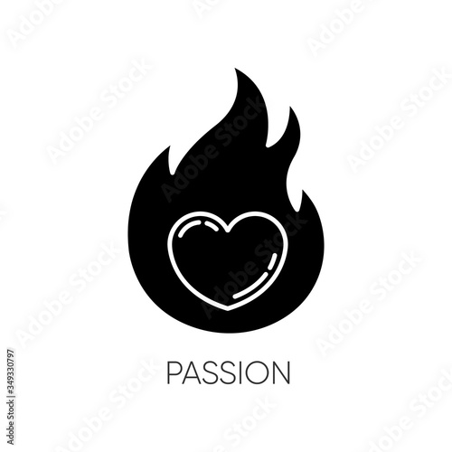 Passion black glyph icon. Intense positive emotion. Affection and lust. Desire from libido. Flaming heart. Eager and attraction. Silhouette symbol on white space. Vector isolated illustration