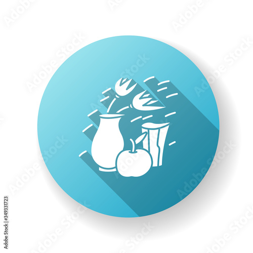 Expressionism blue flat design long shadow glyph icon. Vase and fruit composition. 20th century german cultural movement. Still life abstract dynamic painting. Silhouette RGB color illustration