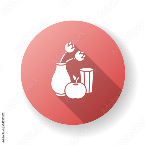 Realism red flat design long shadow glyph icon. Fine art movement. Naturalism style. Vase with flowers and fruit. Still life, visual art. Silhouette RGB color illustration