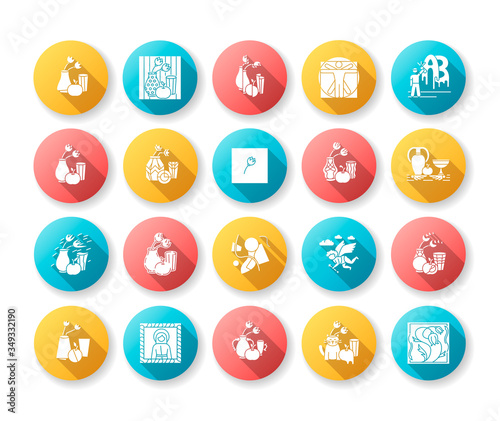 Art movements flat design long shadow glyph icons set. Still life artwork in medieval, modern styles. Impressionism, expressionism and realism painting. Silhouette RGB color illustration