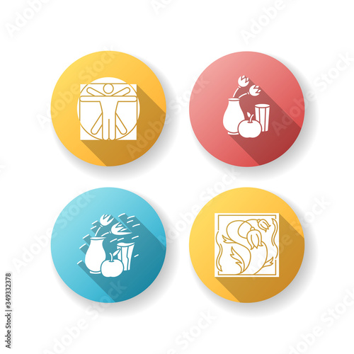 Cultural movements flat design long shadow glyph icons set. Renaissance and modern European art styles. Realism and expressionism paintings. Silhouette RGB color illustration