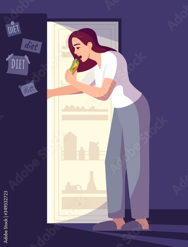 Woman breaking diet semi flat RGB color vector illustration. Girl eating snacks at night isolated cartoon character on blue background. Emotional eating. Appetite control, high calorie nutrition