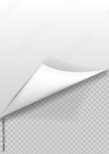 Page curl with shadow on blank sheet of paper. White paper sticker.