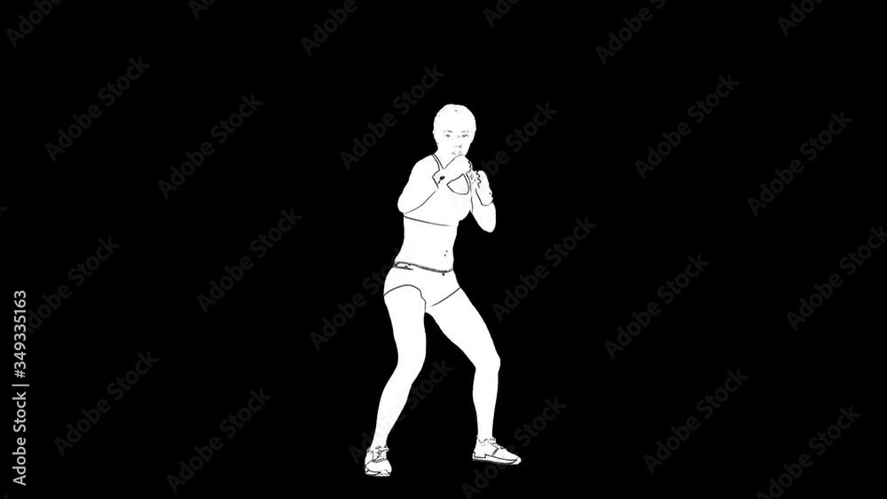 White outline sketch of woman in boxing gloves is training isolated on black background White outline sketch of woman in boxing gloves is training isolated on black background