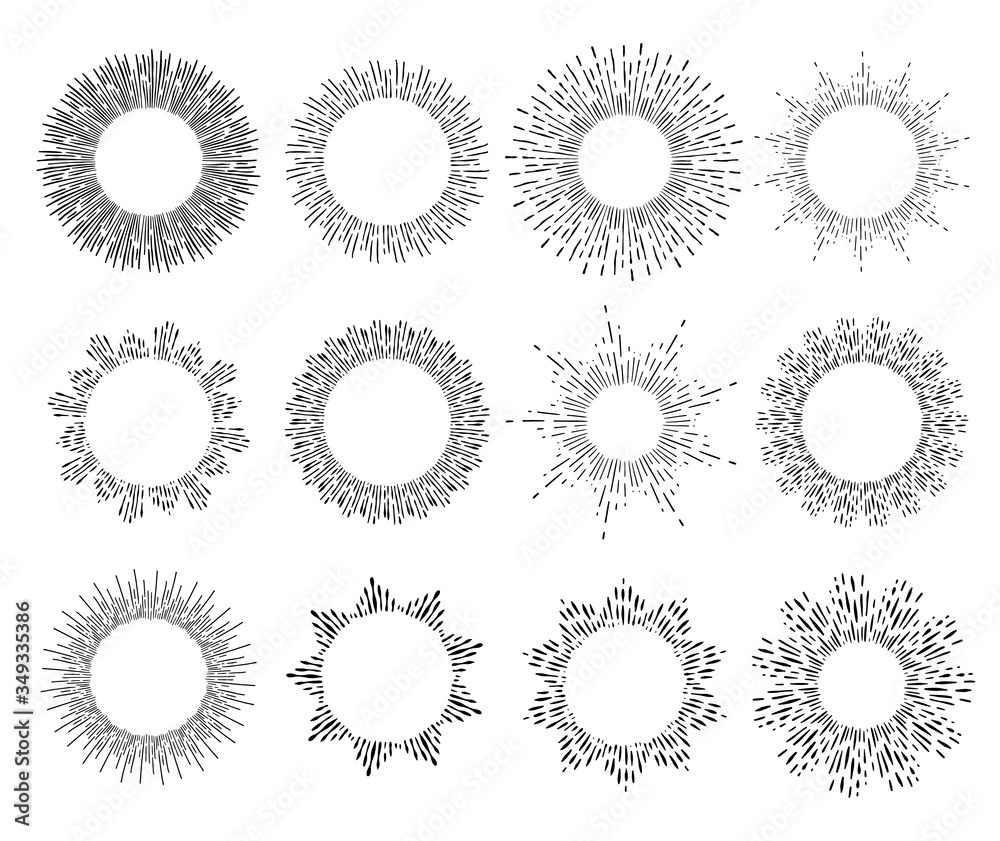 Vector Set of Black Sunbursts For Your Design. Set Of Vintage Light Rays. Hand-Drawn Design Elements. Vector Set of Black Sunbursts For Your Design. Set Of Vintage Light Rays. Hand-Drawn Design Elements.