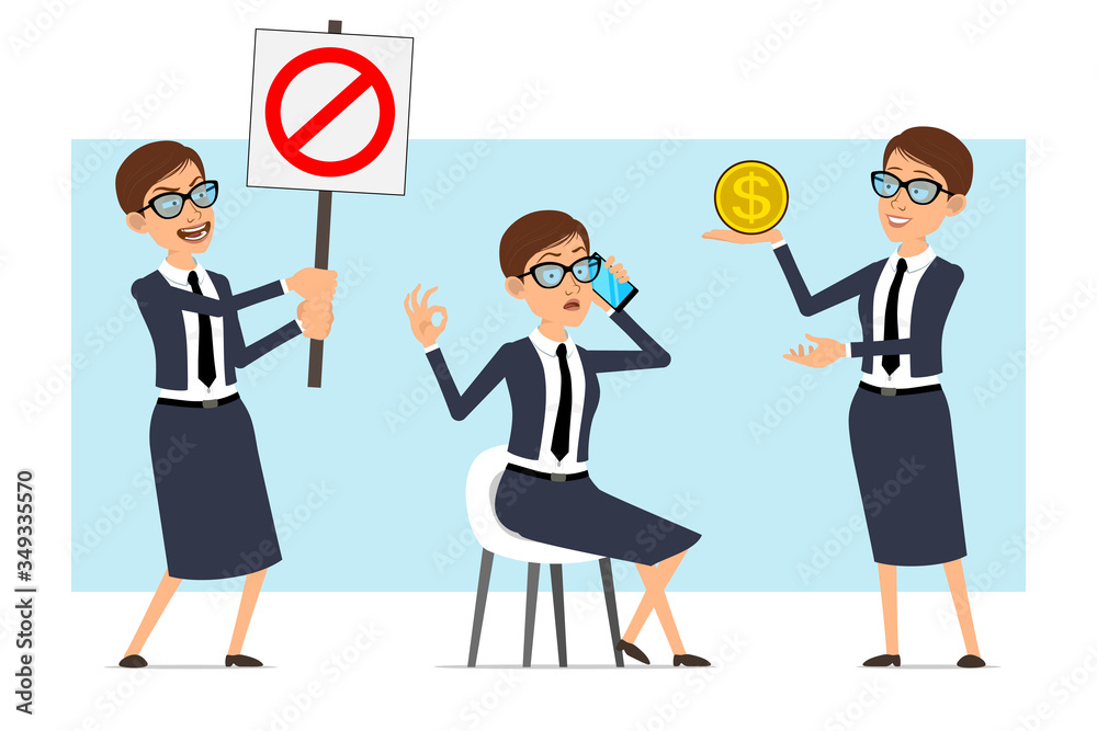 Cartoon flat funny business coach woman character in blue suit and glasses. Ready for animation. Girl holding no entry and dollar sign, talking on phone. Isolated on blue background. Vector set. Cartoon flat funny business coach woman character in blue suit and glasses. Ready for animation. Girl holding no entry and dollar sign, talking on phone. Isolated on blue background. Vector set.