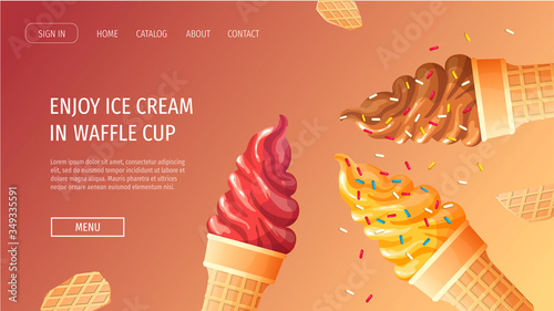 Website design for Ice cream parlor or shop, Sweet products, Dessert. Flying ice-creams in waffle cup. Vector illustration for poster, banner, website, commercial, menu, advertising. 