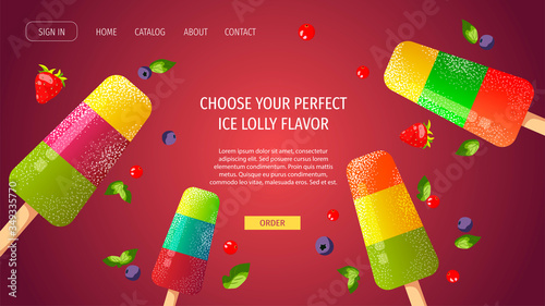 Website design for Ice cream parlor or shop, Sweet products, Dessert, Summer. Fruit ice lollies with various flavor. Vector illustration for poster, banner, website, commercial, menu, flyer. 