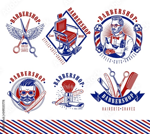 Set of Vintage Barbershop Emblems, Labels and Logos.The Barber with Hair Clipper and Hairbrush. Vintage Barber Chair. Vector Illustration.