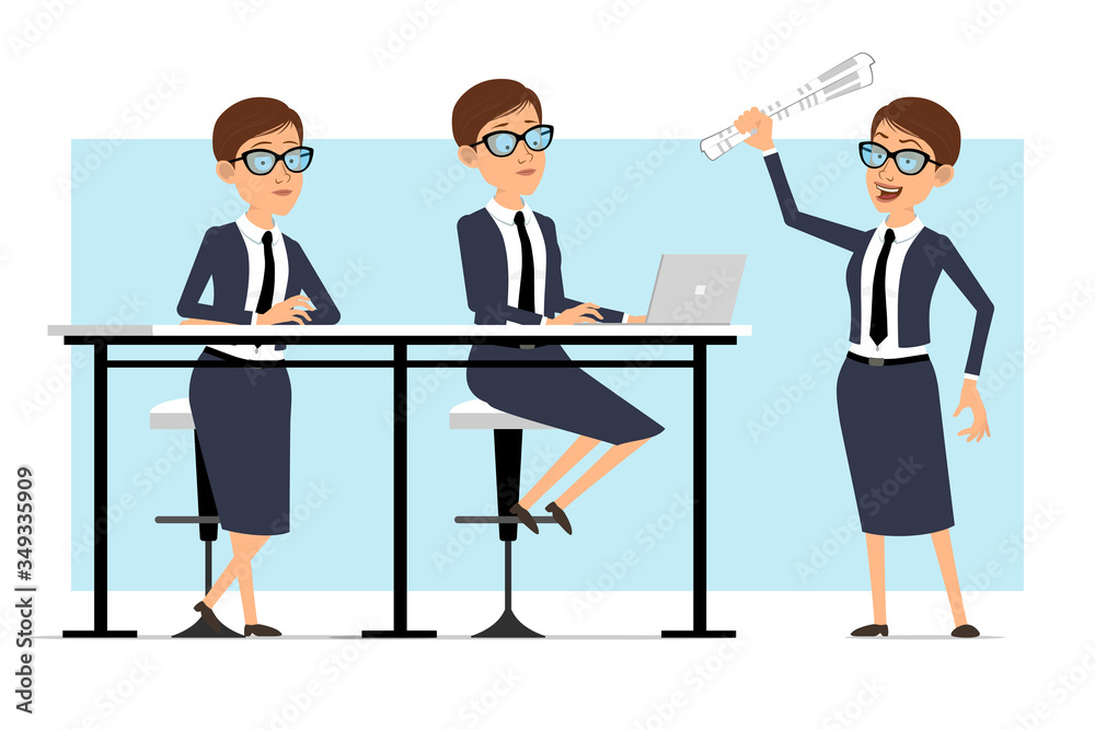 Cartoon flat funny business coach woman character in blue suit and glasses. Ready for animation. Girl standing, working on laptop and holding newspaper. Isolated on blue background. Vector set.