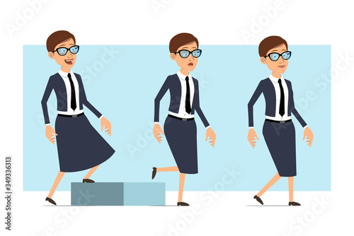 Cartoon flat funny business coach woman character in blue suit and glasses. Ready for animation. Girl walking up to her goal. Isolated on blue background. Vector set.