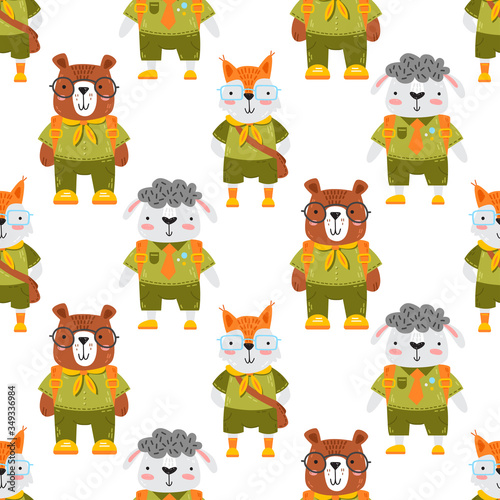 Pattern with baby animals in scout uniform