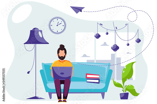 Man working on laptop at home. Remote work. Man freelancer. Stay home concept. Vector illustration in flat style