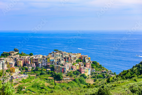 Corniglia - Village of Cinque Terre National Park at Coast of Italy. Province of La Spezia, Liguria, in the north of Italy - Travel destination and attractions in Europe.