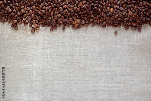 Grain coffee on burlap close up