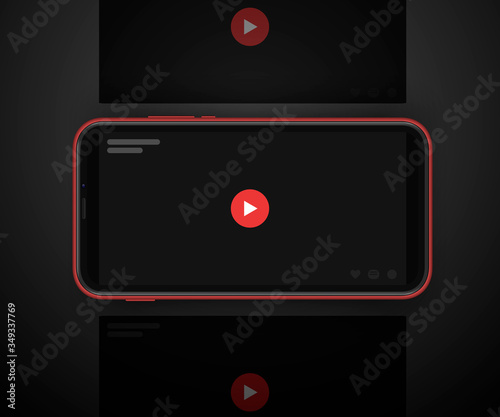 Video sharing social media carousel post with blank video screens with red play button.
