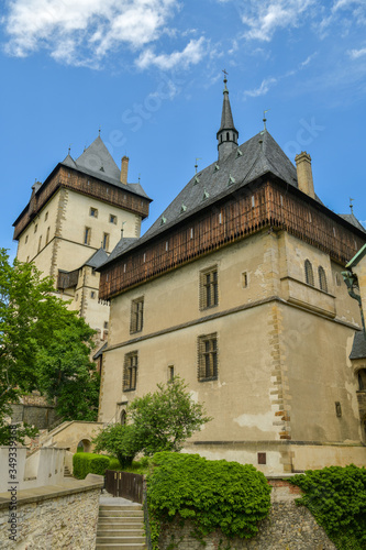 Two towers of Karlstejn castle in Czech Republic photo