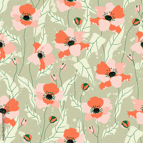 Poppy flowers seamless pattern. Beautiful soft orange hand-drawn poppy flowers on a green background. Repeatable design for stationery, textile, web banner. Trendy field flower pattern.