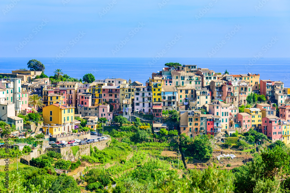 Obraz premium Corniglia - Village of Cinque Terre National Park at Coast of Italy. Province of La Spezia, Liguria, in the north of Italy - Travel destination and attractions in Europe.