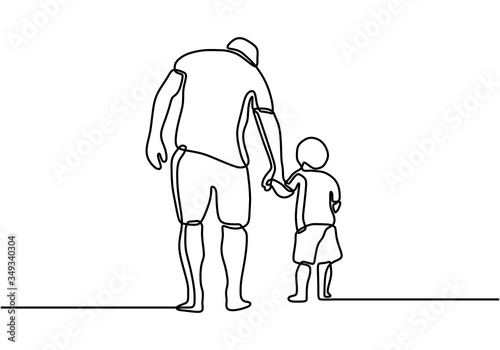 One line drawing of father and his son walking minimalist design. Happy young father holding his son walking and story telling all the way. The character dad walks with the child.