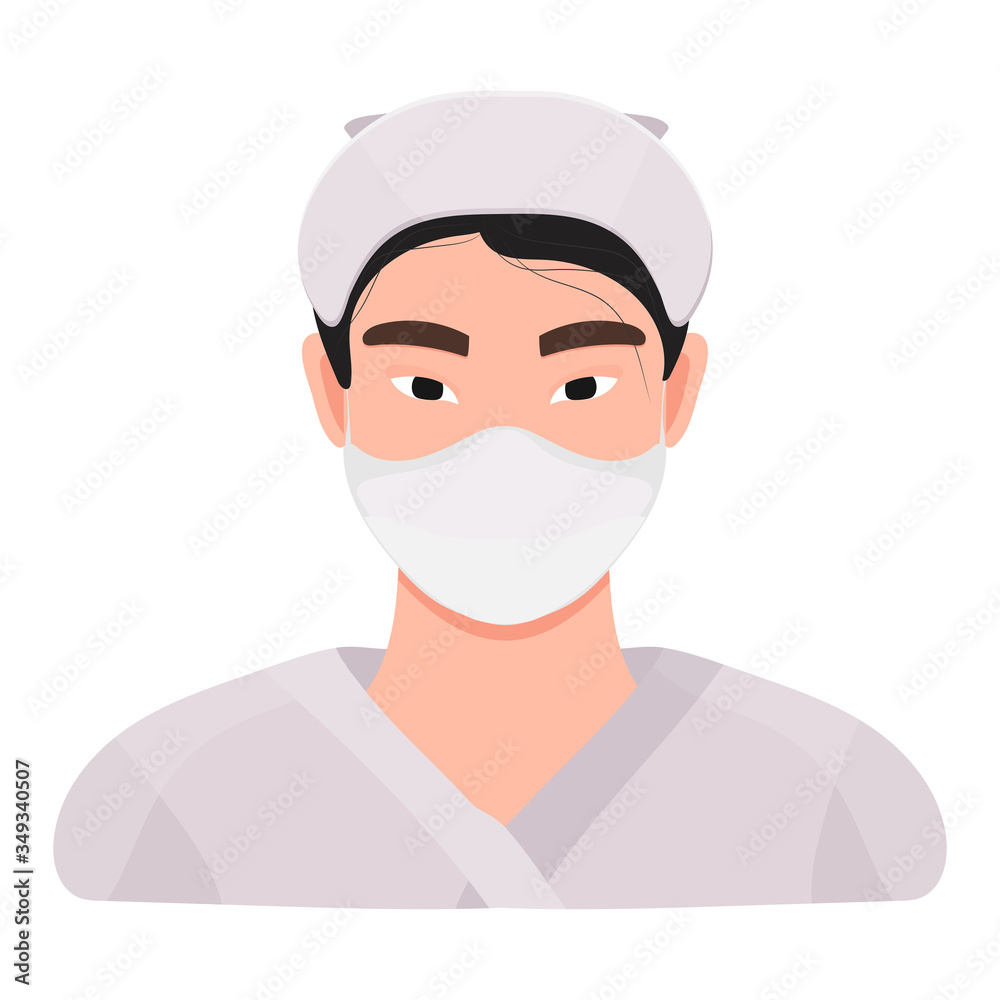Female avatar. Female character in medical uniform and face mask. Asian woman as doctor or nurse. Coronavirus epidemic. Vector stock illustration isolated on white background. Female avatar. Female character in medical uniform and face mask. Asian woman as doctor or nurse. Coronavirus epidemic. Vector stock illustration isolated on white background.