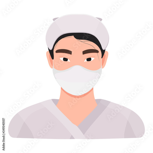 Female avatar. Female character in medical uniform and face mask. Asian woman as doctor or nurse.  Coronavirus epidemic. Vector stock  illustration isolated on white background.