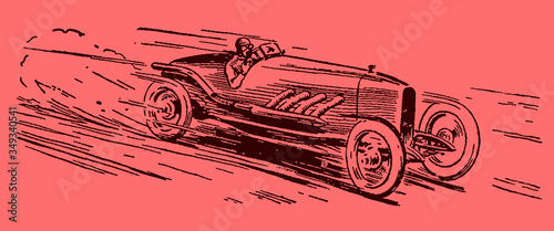 Vintage racing car driving at high speed on pinkish background