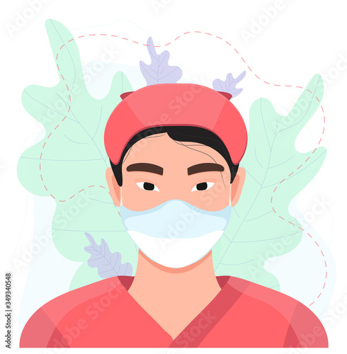 Female avatar. Female character in medical uniform and face mask. Asian woman as doctor or nurse.  Coronavirus epidemic. Vector stock  illustration isolated on white background.