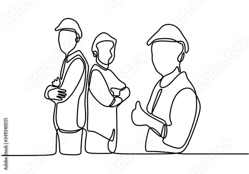 Single line drawing of young construction worker foreman with team builder member. Happy teamwork construction success with project. Continuous line draw design illustration