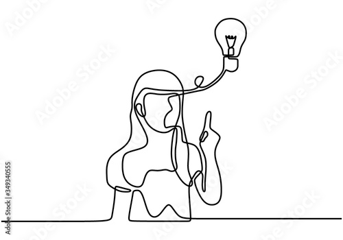 continuous single drawn one line hand pointing a light bulb. Young girl thinking and finding solution. Idea and creativity symbol with lamp and hand. Character girl in the lamp as an energy.