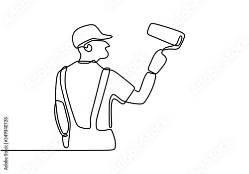 One single line drawing of young attractive handyman painting house wall using paint roller. Painter wall renovation service concept. Home renovation service concept. Vector illustration