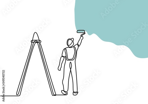 One single line drawing of young attractive handyman painting house wall using paint roller. Painter wall renovation service concept. Home renovation service concept. Vector illustration
