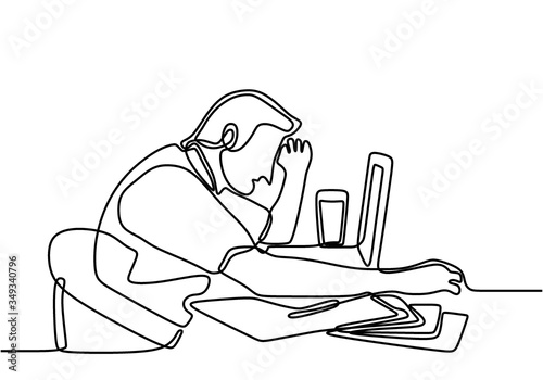 One line drawing of depression young businessman despair employee got crushed by pile of papers on his desk. Work overload pressure at the office concept. Continuous line draw of frustration worker