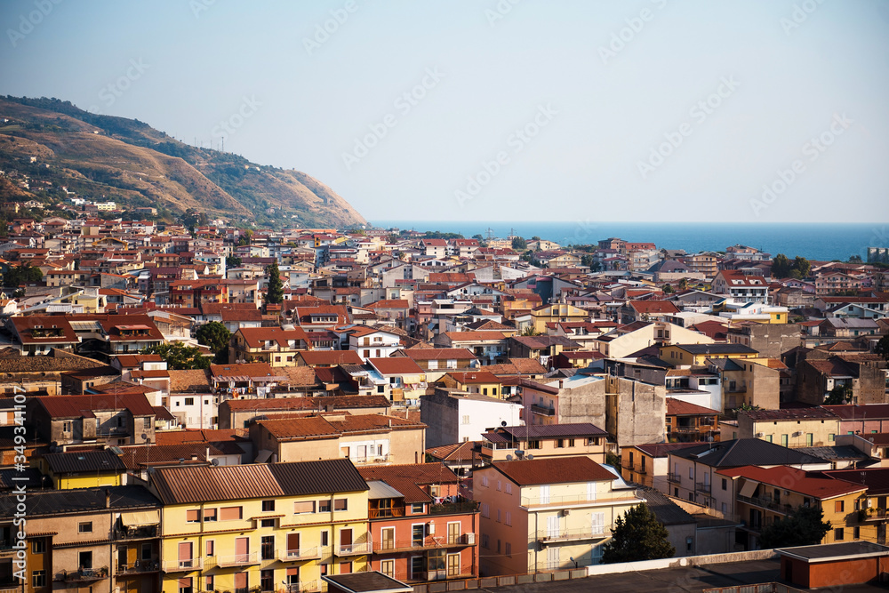 Amantea, Calabria Italy. Panorama of old city, top view with coast and sea. Aerial view