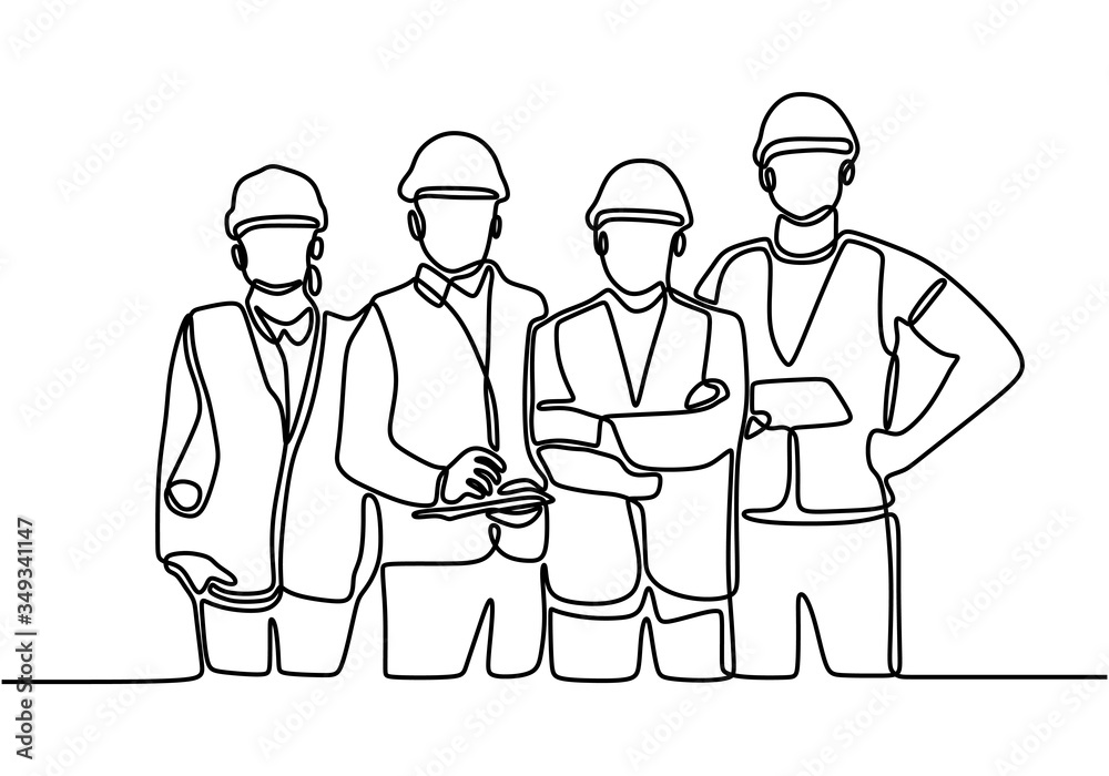 Single line drawing of young construction worker foreman with team builder member. Happy teamwork construction success with project. Continuous line draw design illustration