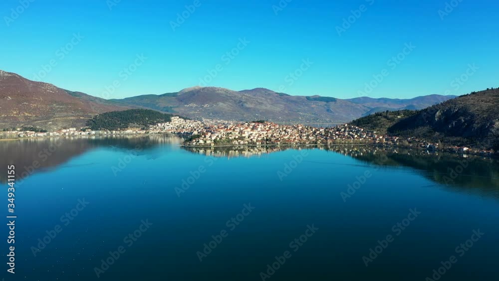 Morning aerial view of Kastoria city and lake footage Morning aerial view of Kastoria city and lake footage