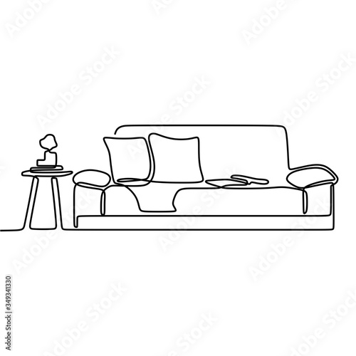 Continuous single drawn line sofa with cushions and flower vase. Armchair furniture. Stylish office interior, chair and home plant vector hand drawn silhouette clipart. One line drawing line drawn