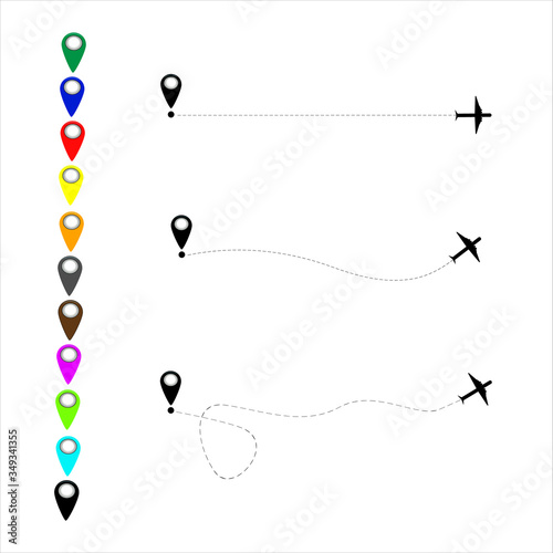 Air plane and its track on white background vector eps holliday vacation travel map pin navigation location pointer icon airplane flight route start line trace mark sign gps flying fly jet airline