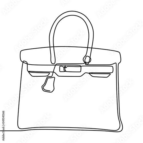One line vector illustration of a woman bag. Elegant women's bag with flap top and handle. Leather bag female collection. Fashion girl concept drawn from the hand picture silhouette.