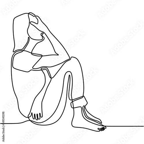 Continuous line drawing of exhausted sad young woman covering his face by hands. Female suffering from depression. Girl in despair sitting on the ground. Frustration and depression person concept.