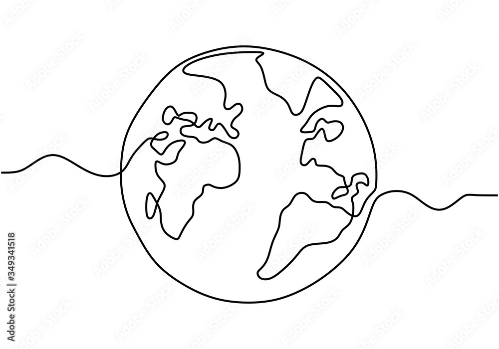 Naklejka Earth globe one line drawing of world map vector illustration minimalist design isolated on white background. Simple modern earth globe style. Hand drawn for logo, emblem and design poster.