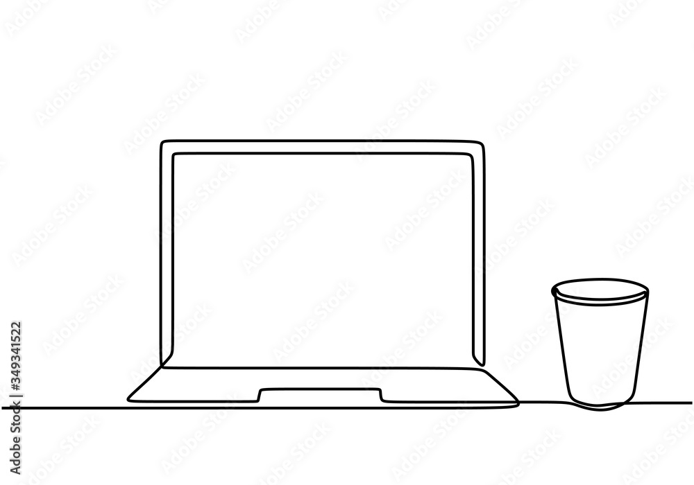 Continuous one line drawing of computer laptop and paper cup of coffee ...