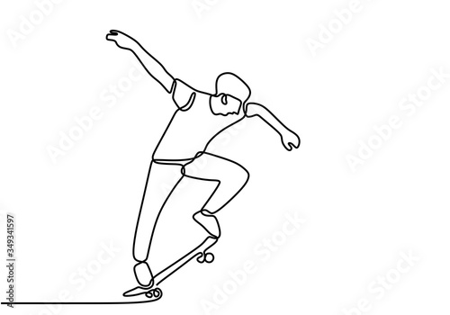 Continuous one line drawing of skateboard player. Sport vector illustration theme. Happy young man playing a skateboarding competition challenging sport isolated on white background.