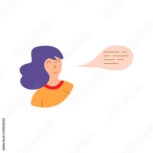Girl with Speech Bubble. Thoughts in a head, chatting. Speech cloud. Girl speaks. Flat vector illustration