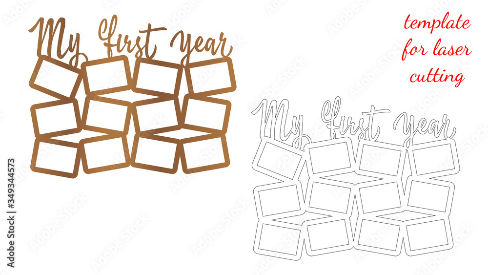 Laser cut collage photoframe for photos of the first year of a child life. Laser cut wood or metal lace frame for decoration design. Children photoframe, cutting template. Vector illustration. Laser cut collage photoframe for photos of the first year of a child life. Laser cut wood or metal lace frame for decoration design. Children photoframe, cutting template. Vector illustration.