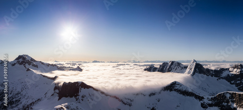 Aerial Panoramic View of Remote Canadian Mountain Landscape during sunny morning. Located near Vancouver, British Columbia, Canada. Nature Panorama Background. Authentic