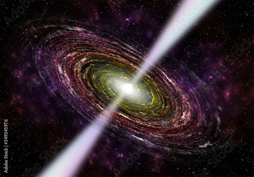 Illustration of a neutron star pulsing and shining in a middle of a galaxy