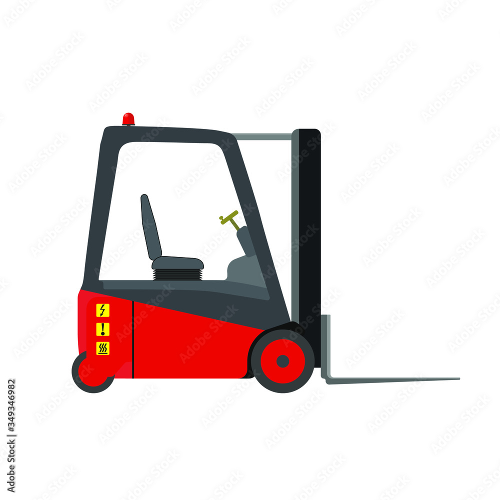red forklift with forks lowered, warning light visible